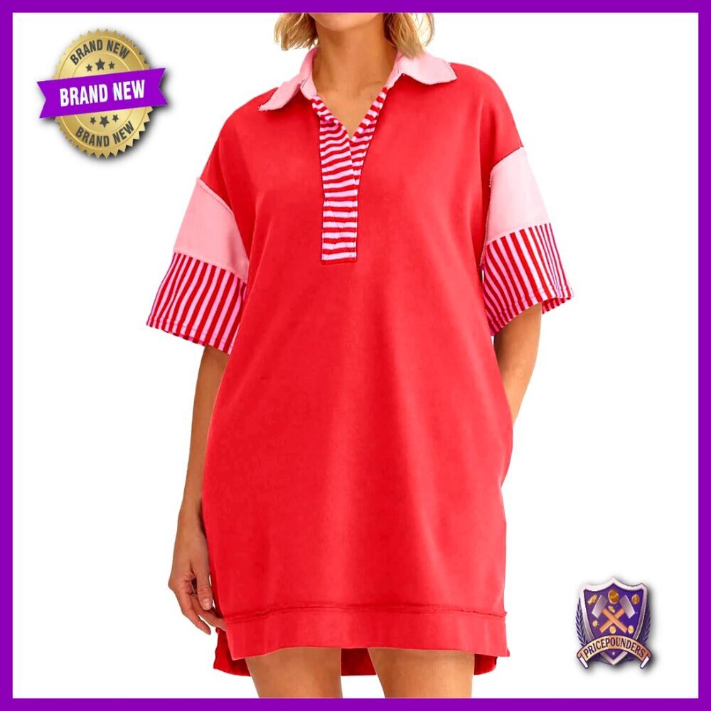 Oversized Polo V Neck Mini Dress Casual Summer Sweatshirt Dress Color Block